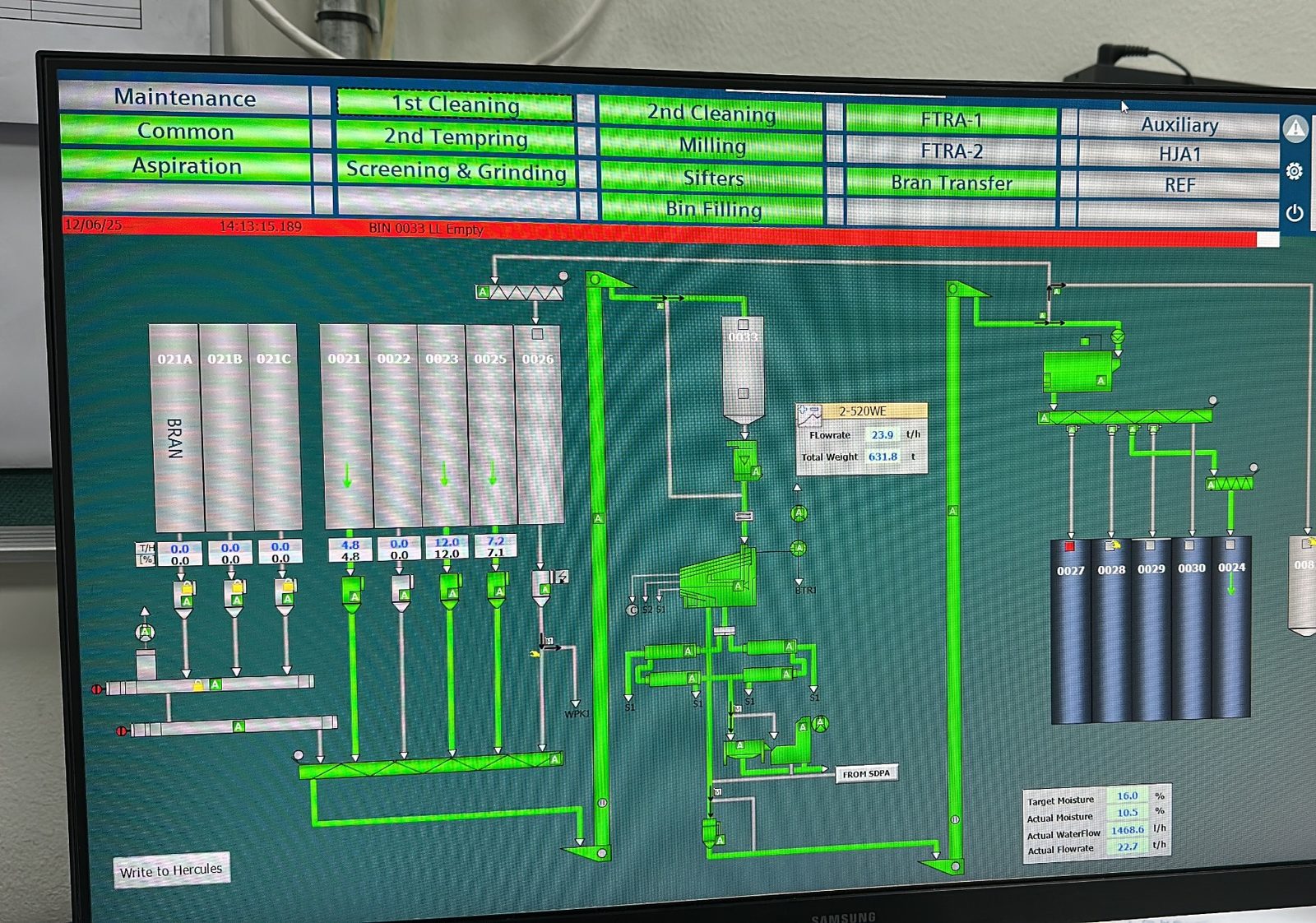Flour mill SCADA — milling, sifters, bin filling, bran transfer